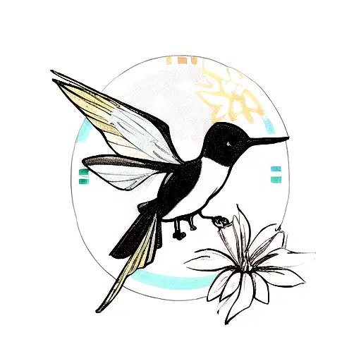 colibri en un circulo de flore con el nombre maria colorido   tattoo design idea