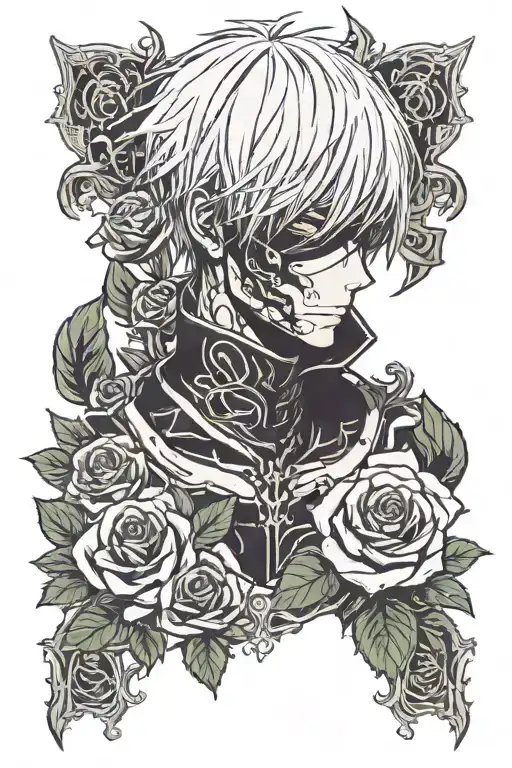 Kaneki Ken with a rose and a crown on his head tattoo design idea
