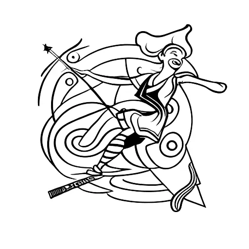A blackwork tattoo of a baton twirler with half shoes spinning in the air tattoo design idea