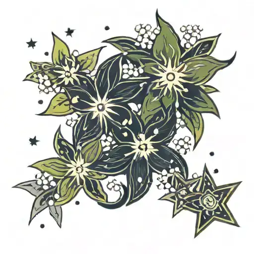 A pair of stars twinkling with olive flowers tattoo design idea