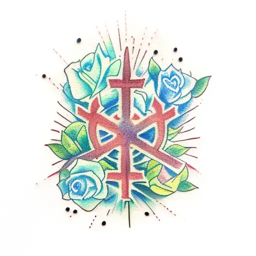 cross with plants watercolor  tattoo design idea