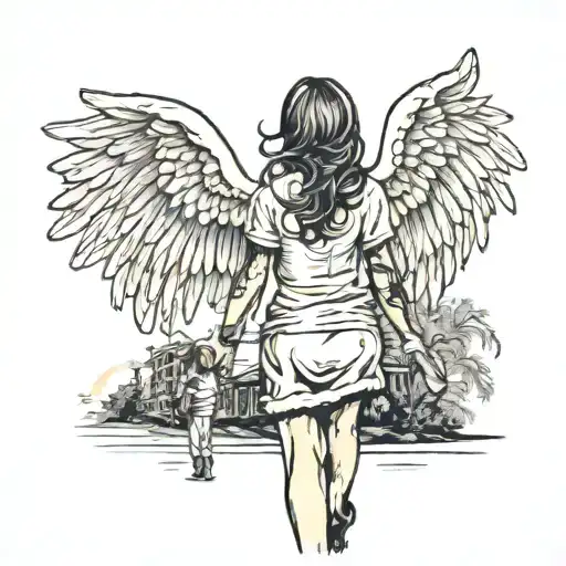 back tattoo in old school style: a girl with angel wings, walking along the road to the gates of heaven, next to her are tattoo design idea