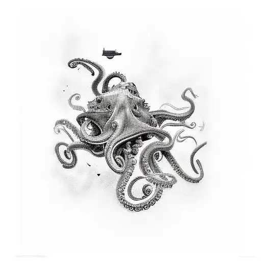 red tatto with an octopus eating an tanker ship tattoo design idea