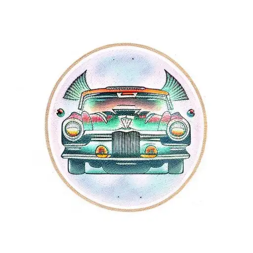 A traditional style tattoo of a vintage/classic car surrounded by pinstriping patterns and automotive tools. tattoo design idea