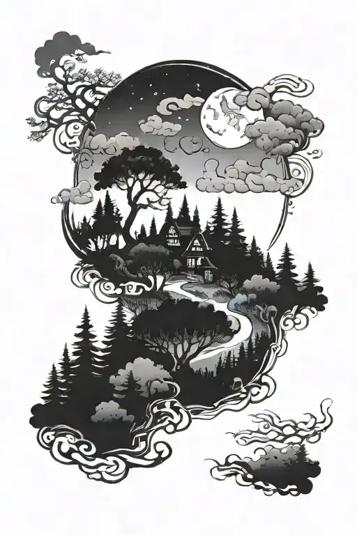 foggy forest with moon and clouds that spiral at the top tattoo design idea
