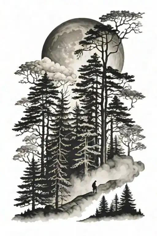 foggy forest with moon tattoo design idea