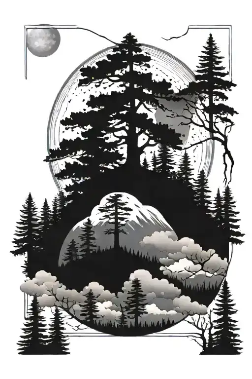 foggy pine forest with moon and clouds that spiral at the top tattoo design idea