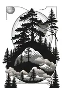 foggy pine forest with moon and clouds that spiral at the top tattoo design idea