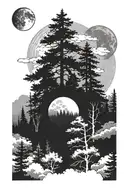 foggy pine forest with moon and clouds that spiral at the top tattoo design idea