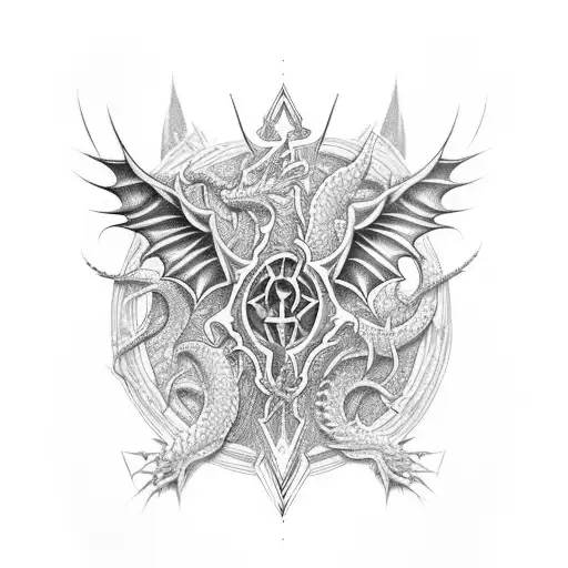 cyber sigilism back tattoo with spine and dragons tattoo design idea