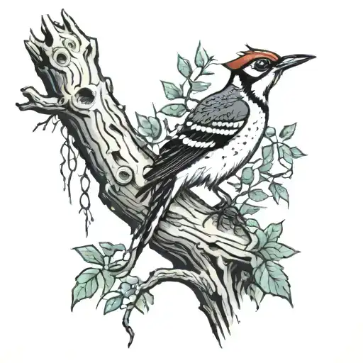 woodpecker in tree with wolf underneath tattoo design idea