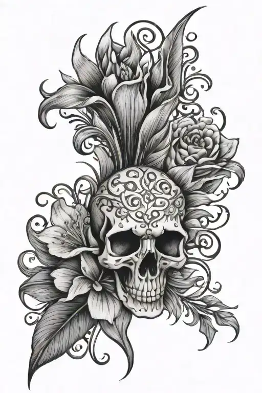 heart lilly skull phoenix   tattoo design idea