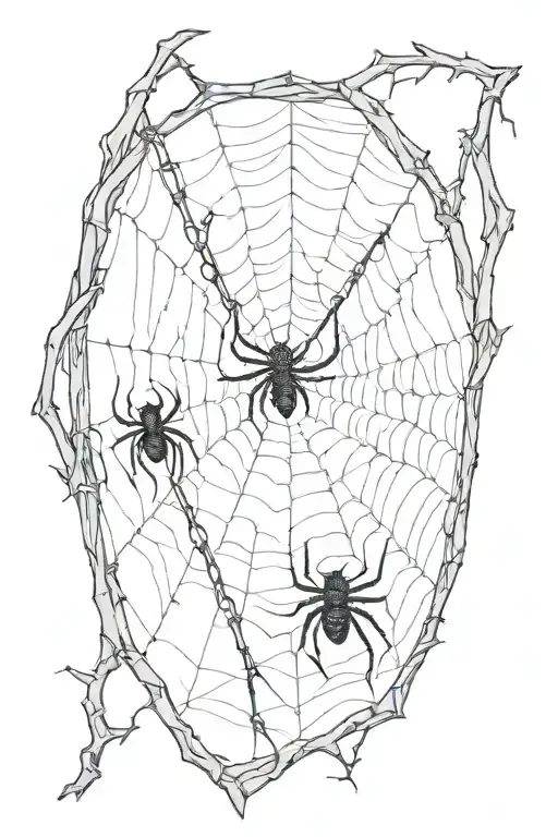 two coils of thorns with a web from which a spider descends along a thin web tattoo design idea