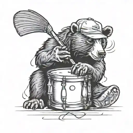 Bear sitting with a baseball hat playing a snare drum tattoo design idea