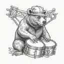 Bear sitting with a baseball hat playing a snare drum tattoo design idea