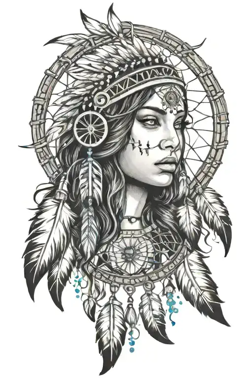 a cute indian girl and a dream catcher very detailed tattoo design idea