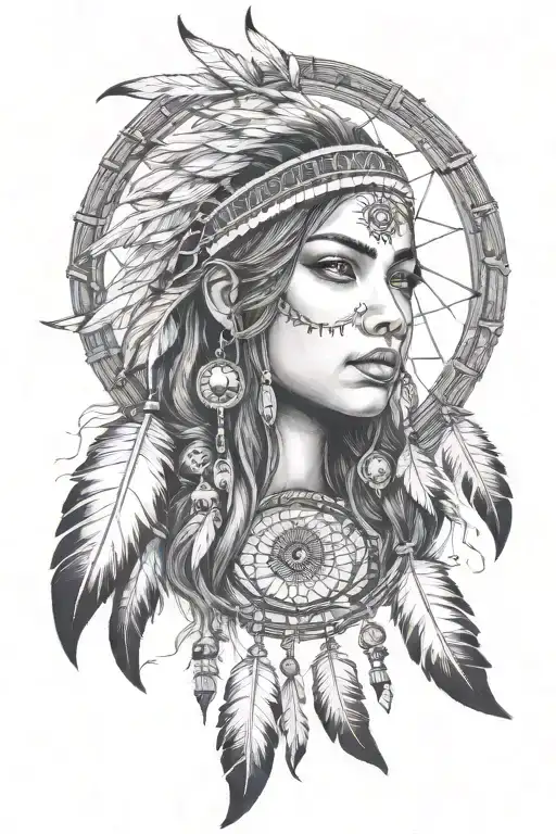 a cute indian girl and a dream catcher very detailed tattoo design idea
