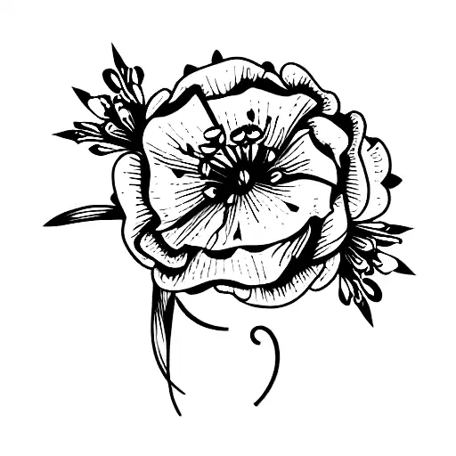 flower bouquet with carnation, delphinium, aster, and marigold tattoo design idea