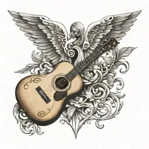 A realistic acoustic guitar with angel wings as the body of the guitar, incorporating Italian and Irish symbols in the design tattoo design idea