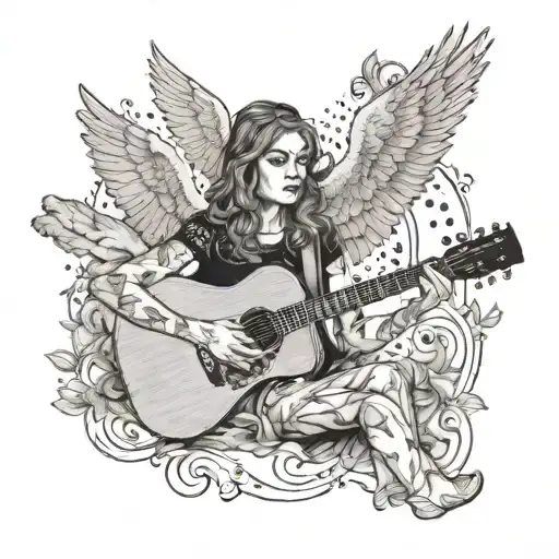A portrait of a loved one playing an acoustic guitar surrounded by angelic figures tattoo design idea