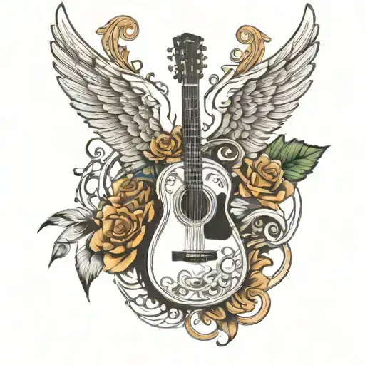 Acoustic guitar with angel wings intertwined, incorporating Irish and Italian symbols tattoo design idea