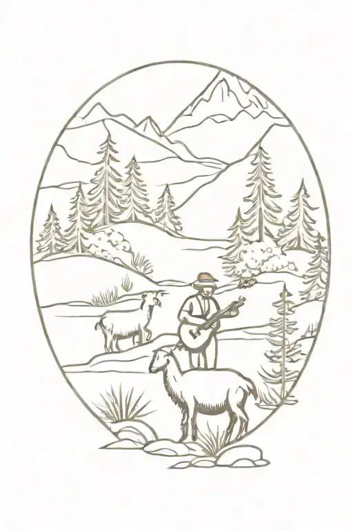 a forrest in the mountains with a creek, on the shore a turtle playing banjo and a goat playing guitar around a fire tattoo design idea