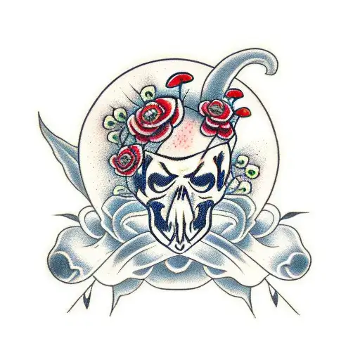 red rot skull with fungi flowers tattoo design idea