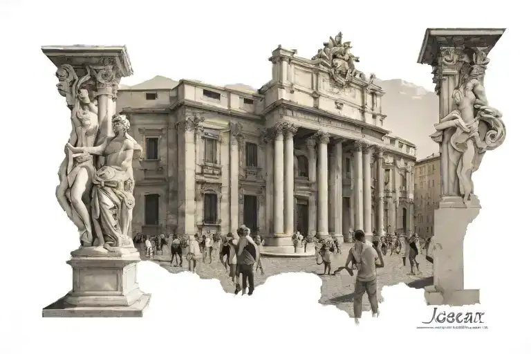 Jül Cesar looking forward in a historical street in Rome, There is a Collesium and 2 people talking front of  fountain tattoo design idea