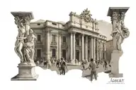 Jül Cesar looking forward in a historical street in Rome, There is a Collesium and 2 people talking front of  fountain tattoo design idea