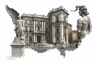 Jül Cesar looking forward in a historical street in Rome, There is a Collesium and 2 people talking front of  fountain tattoo design idea