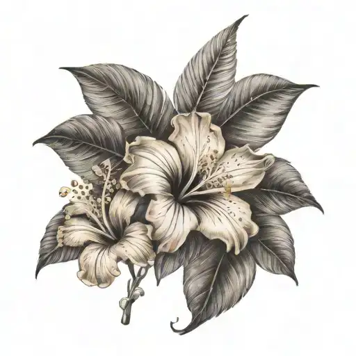 orange blossom with hibiscus flower and a palm tree  tattoo design idea