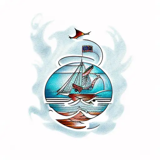 A traditional style tattoo of a fishing boat sailing through an ocean made of coffee tattoo design idea