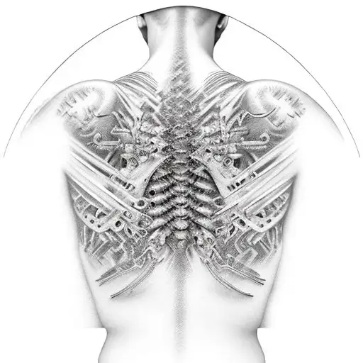full back titanium cybernetic spine with additional outlines of scratches and diodes tattoo design idea