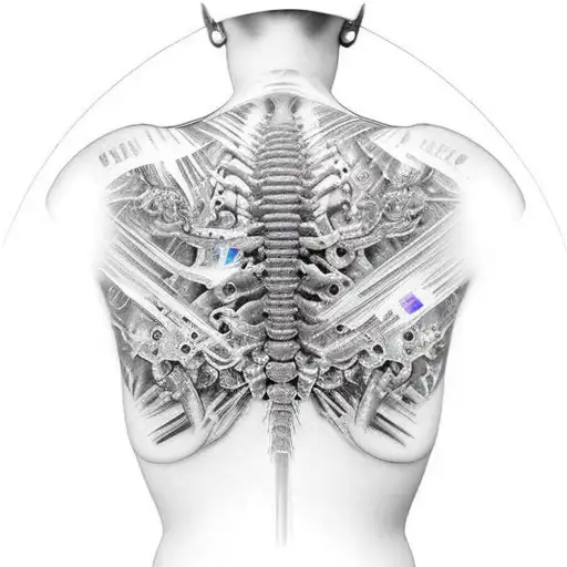 full back titanium cybernetic spine with additional outlines of scratches and diodes tattoo design idea