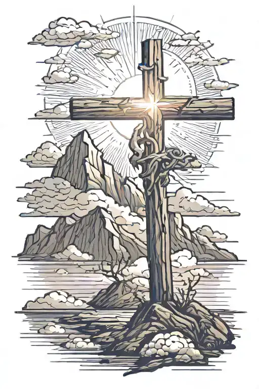 Broken wooden Cross on mountain peak with sun shining through clouds down on it at sunrise tattoo design idea