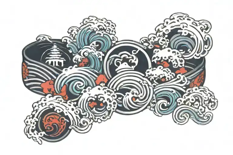 Japanese style bracelet with waves and integrated anime symbols tattoo design idea