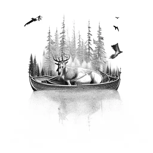A majestic forest scene with a hunter in a boat, surrounded by wildlife like crows and deer tattoo design idea