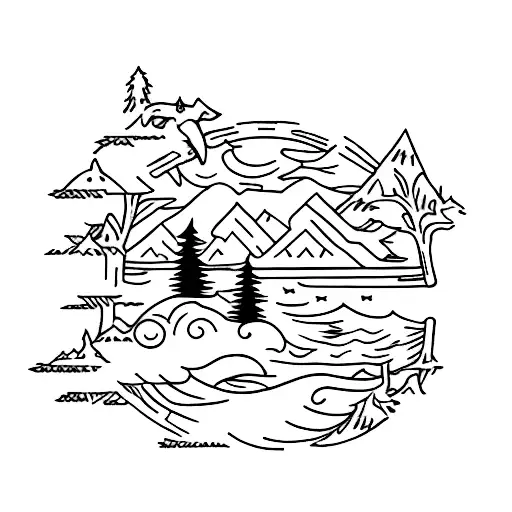 A majestic forest scene with a hunter in a boat, surrounded by wildlife like crows and deer tattoo design idea
