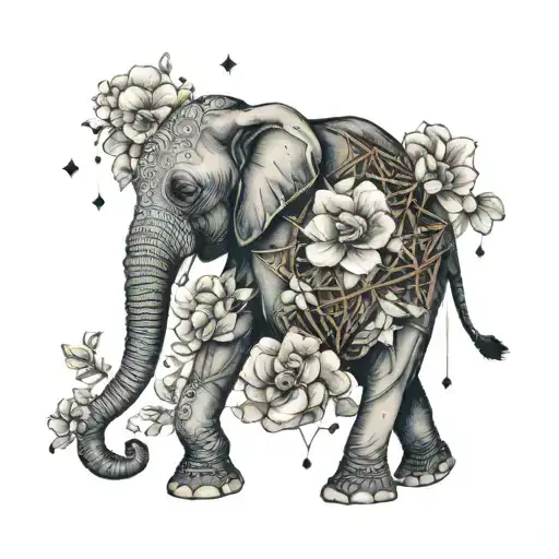 geometric floral elephant with constellation tattoo design idea