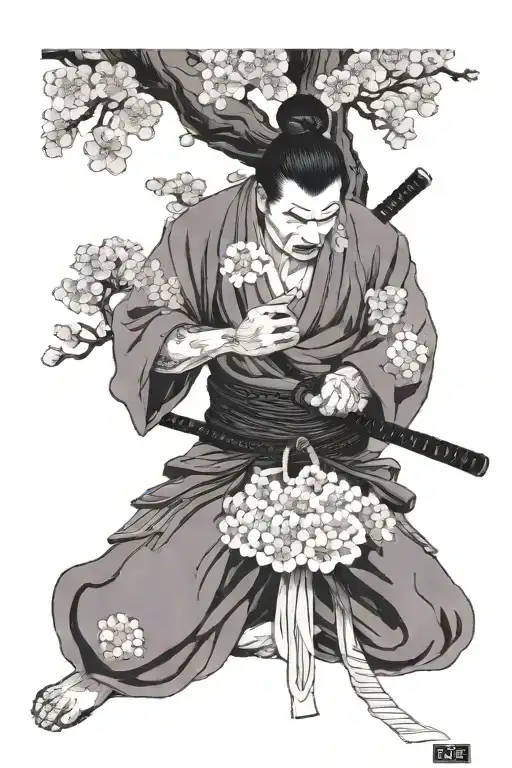 samurai kneeling in front of cherry blossom tree tattoo design idea