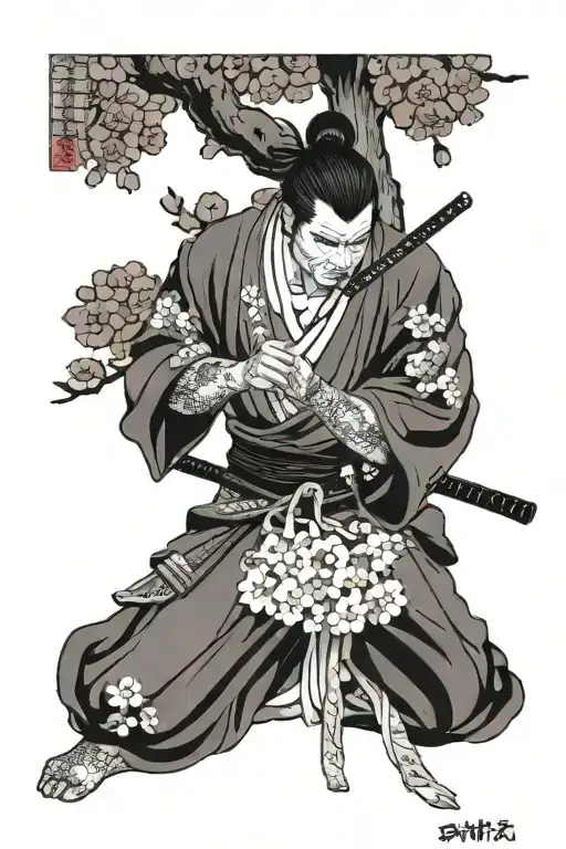 samurai kneeling in front of cherry blossom tree tattoo design idea