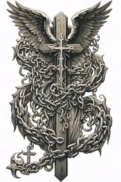 a demonic and an angelic wing attached to a wooden cross by chains tattoo design idea