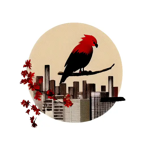 Red moon, birds red and black, city tattoo design idea
