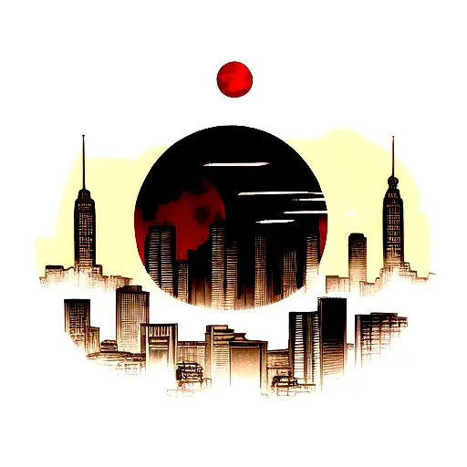 Red moon, birds red and black, city skyline tattoo design idea