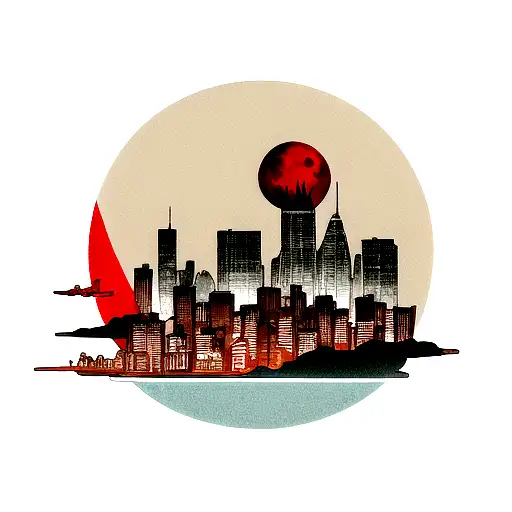 Red moon, birds red and black, city skyline tattoo design idea