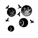 Red moon, birds, city skyline tattoo design idea