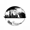 Red moon, birds, city skyline tattoo design idea