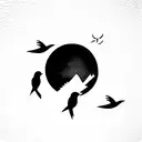 Red moon, birds, city skyline tattoo design idea