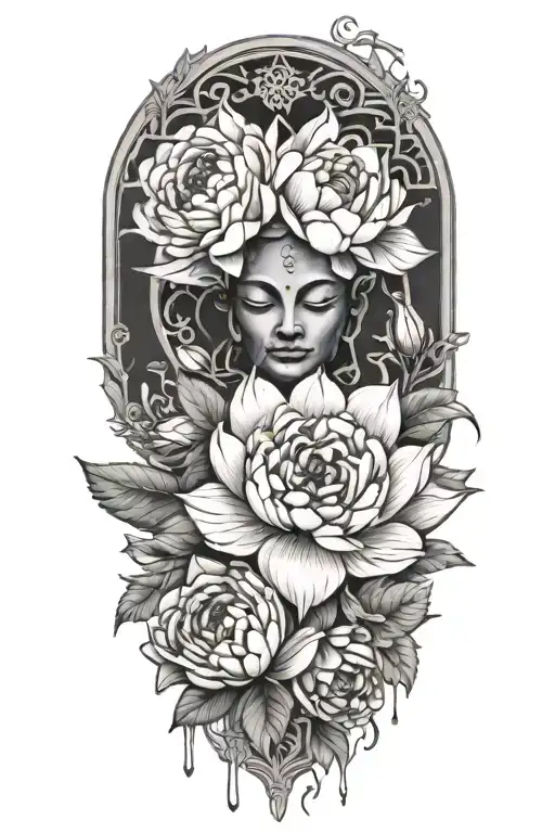 angkor watt surrounded by roses, peonies and lotus flowers  tattoo design idea