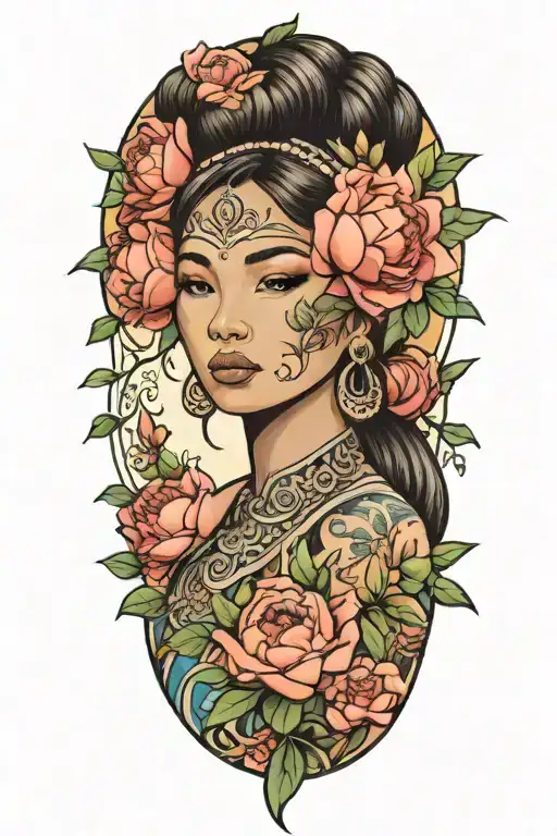 Cambodian woman  with peonies Roses and larkspur flowers  tattoo design idea